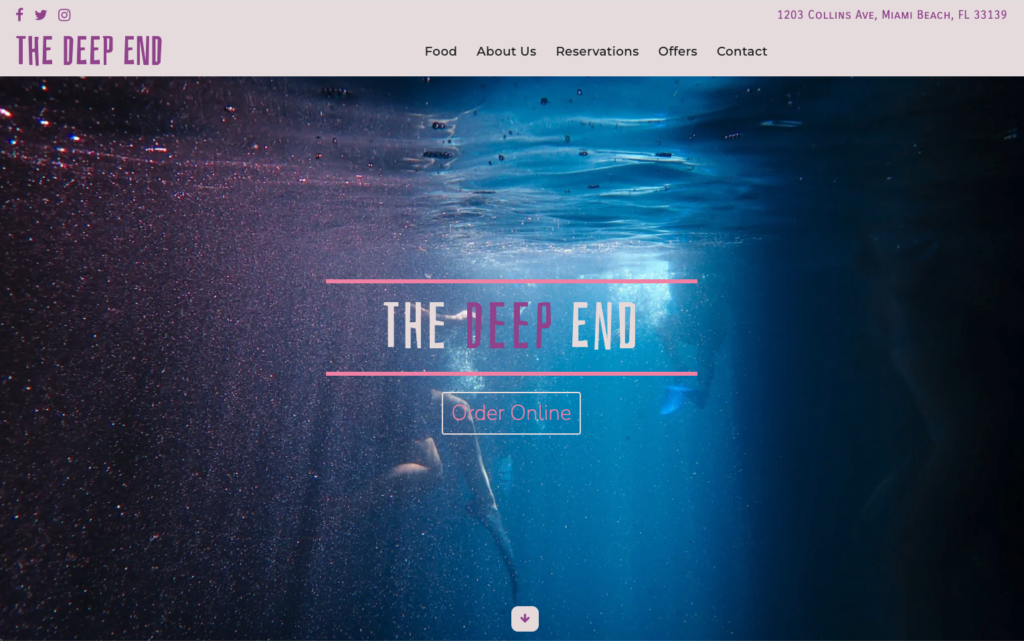 The Deep End restaurant homepage featuring the underwater hero banner and primary navigation.