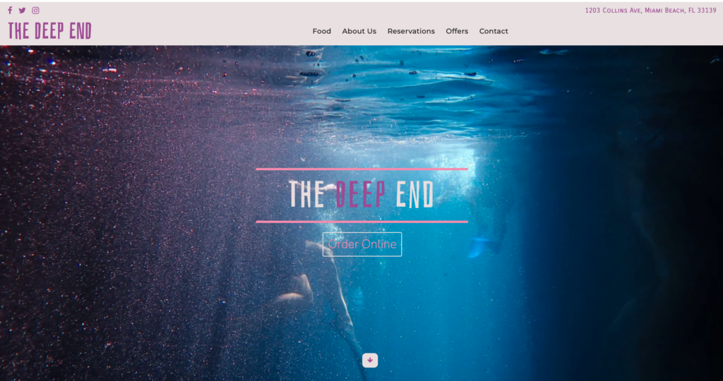 The Deep End restaurant management system homepage featuring the underwater hero section and navigation.